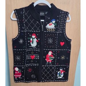 ERIKA Size S Black Christmas Sweater‎ Vest Women's Snowman Santa Sleigh Sweater